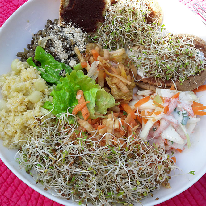 Assiette composée de blinis, légumes râpés, graines germées, taboulé et salade de lentilles vertes